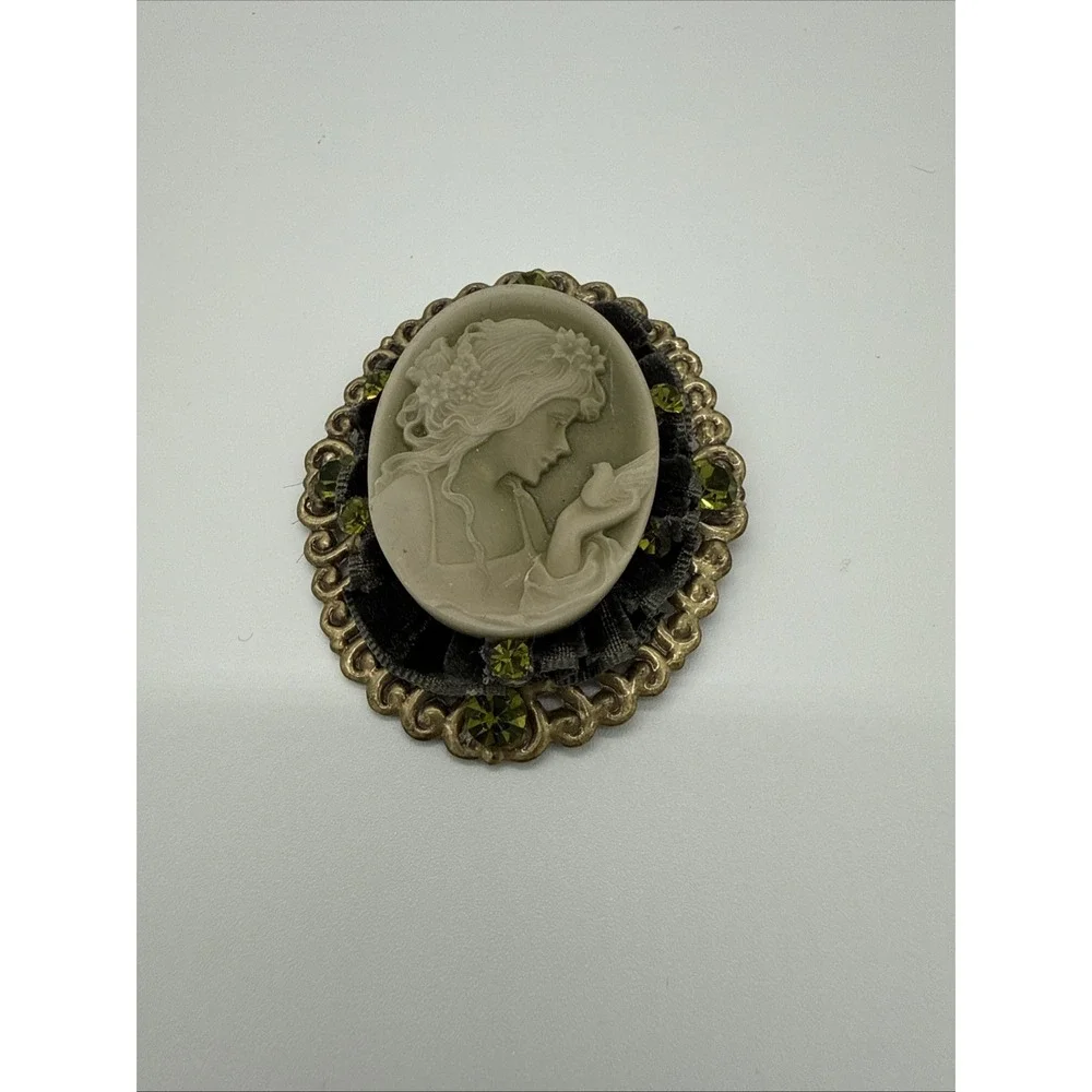 Vintage Cameo‎ Brooch with Velvet Ribbon Trim And Green Stones